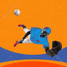 Concentrated man, professional baseball player in motion, catching ball on colorful background. Contemporary art collage