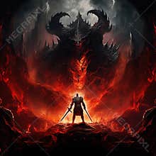 Fantasy scene with a samurai warrior against the backdrop of a burning field.