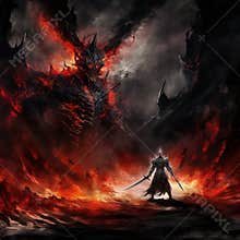 Fantasy scene with a samurai warrior against the backdrop of a burning field.