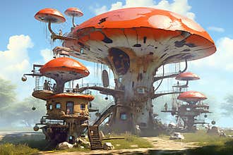 A fairy tale painting cartoon house, built in a giant red mushroom