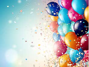 multicolor glossy balloons background,ribbon flakes, AIgenerated