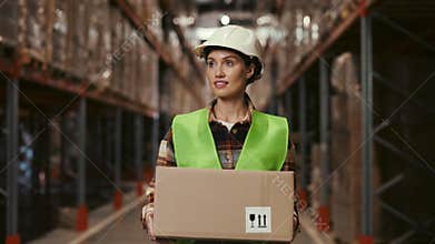 Female Worker in hard hat walks slowly with a cardboard box in a retail warehouse, highlighting his role in delivery and
