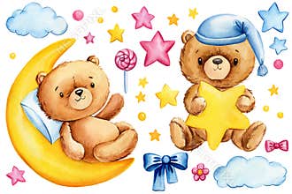 Set of Teddy bear, moon, star, cloud and lollipop on isolated white background. Watercolor illustration. For design