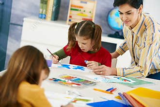Children painting in art class at elementary school