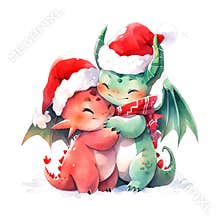 Christmas cute little 2 dragons hugging in watercolor style on white background