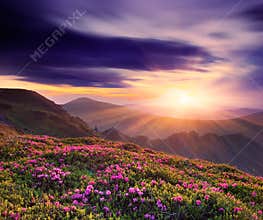 Beautiful sunset in the spring in the mountains