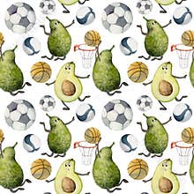 Hand drawn watercolor ball sports gear equipment, avocado playing, soccer volleyball basketball. Illustration isolated