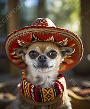Cute pet dog in traditional Mexican costume for Cinco de Mayo.