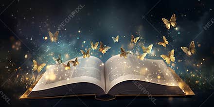 Fairy tale magical open diary with butterflies and golden sparkles.