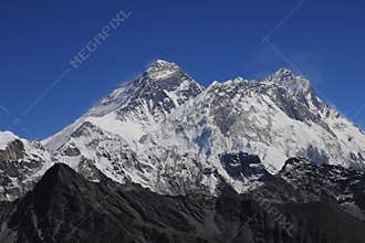 Majestic Mount Everest, also named Chomolungma and Nuptse seen fro Renjo Pass