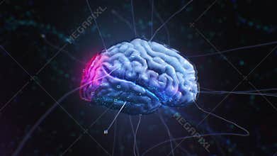 3D animated brain with luminous neural pathways against a dark background, illustrating complex neural activity and