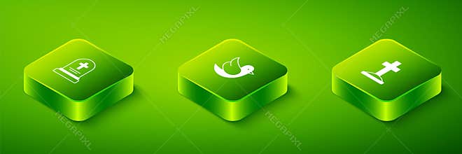 Set Isometric Dove, Grave with cross and tombstone icon. Vector
