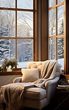 Cozy chalet house interior, sofa and panoramic windows overlooking the winter landscape