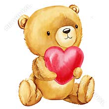 Teddy bear with heart. Hand painted watercolor illustration isolated white background. Valentines Day