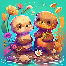 Cute little otters vivid color background. Cartoon style animal illustration, generative AI