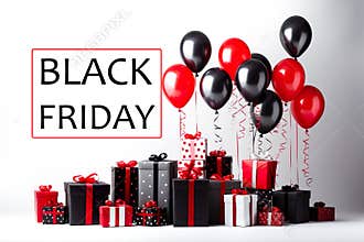 Banner Pet Dog, red balloons, Gift boxes, Concept black friday sale on white background
