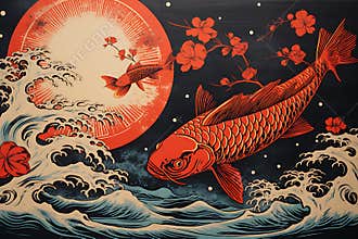 Art of life koi fish in nature, block print style ai generate