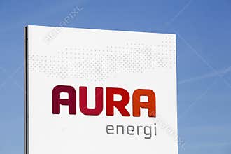 Aura Energi logo on a signboard