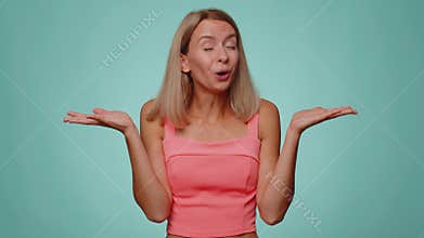 Excited amazed woman surprise looking at camera with big eyes, shocked by sudden victory wow emotion