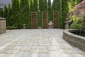 Backyard Paver Patio with Pond in Garden