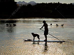 Man, Dog on Paddle Board, Oregon
