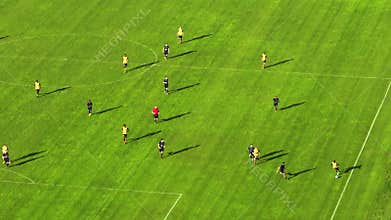 Soccer championship match on a stadium. Teams play on major league football tournament, cup broadcast. Sport channel