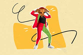 Collage 3d image of pinup pop retro sketch of funny funky young woman dancing dog head animal pet have fun enjoy party