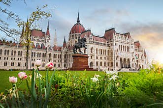 Hungarian Parliament in Budapest, Hungary at sunset
