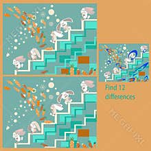 in the funny Rabbits on the Grass rebus for children up to 8 years old, find 12 differences
