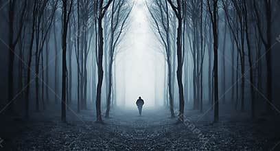 Man walking in a fairytalke dark forest with fog