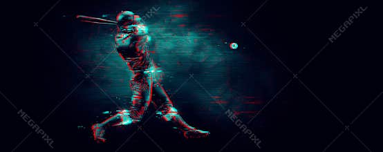 Abstract silhouette of a baseball player on black background. Baseball player batter hits the ball. illustration