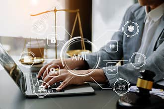 AML Anti Money Laundering Financial Bank Business Concept. judge in a courtroom using laptop and tablet with AML anti money