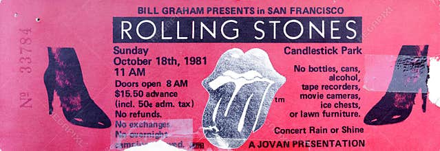 Old used ticket stub for the Rolling Stones concert at Candlestick Park
