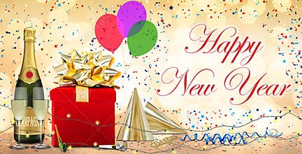 Holiday decorum and party celebration concept with Happy New Year message surrounded by falling confetti