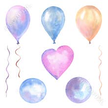 Set of watercolor balloons on white background. Symbol of happiness, holiday, joy. Isolated clipart elements for design