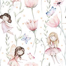 Fairy and Flowers watercolor seamless girls nursery pattern. Cartoon pink magic girl baby. Faitytale textile art