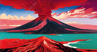 Volcanic eruption smoke landscape digital painting illustation. Ai generated for childrens books