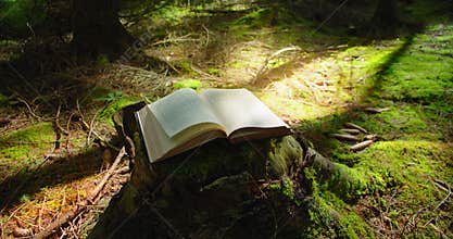 Wind turns the pages of an open book with light flare on green forest nature background. Mysterious printed book with a