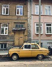 Vertical of an old soviet time car in the streets of Tallinn, Estonia