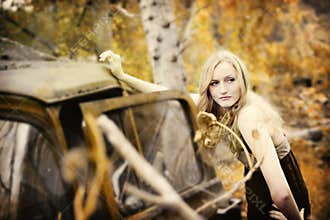 Model on vintage truck