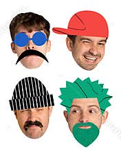 Contemporary collage made with male faces, heads with different style haircuts and hats drawn in cartoon style. Men with