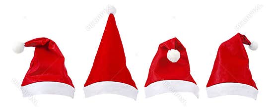Santa Claus Christmas red hat with white fur set isolated on white. Transparent png additional format.