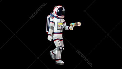 3D astronaut in spacesuit with blaster walking