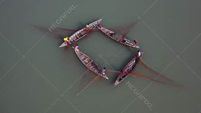 Traditional method of fishing in Bogura, Bangladesh.