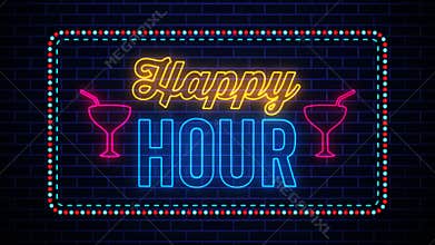 Happy Hour Lettering Glowing Light Neon Sign With Dotted And Dashed Border Lines On Dark Blue Brick Wall