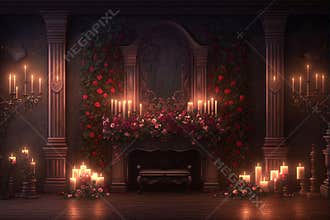 classic luxury décor in red color with flowers and candles maternity background overlays studio background events and weddings,