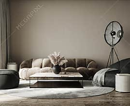 Modern interior design of living room. Contemporary home interior with empty beige wall background.