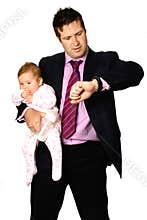 Man with baby looking at watch