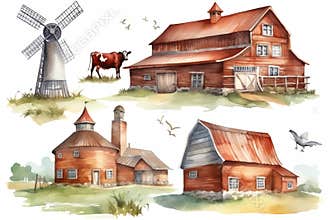 Cow, farm barn, countryside landscape watercolor illustration set, hand drawn farm animals, red barn with a tree, windmill, green