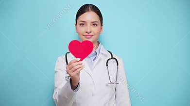 Female doctor cardiologist showing heart symbol